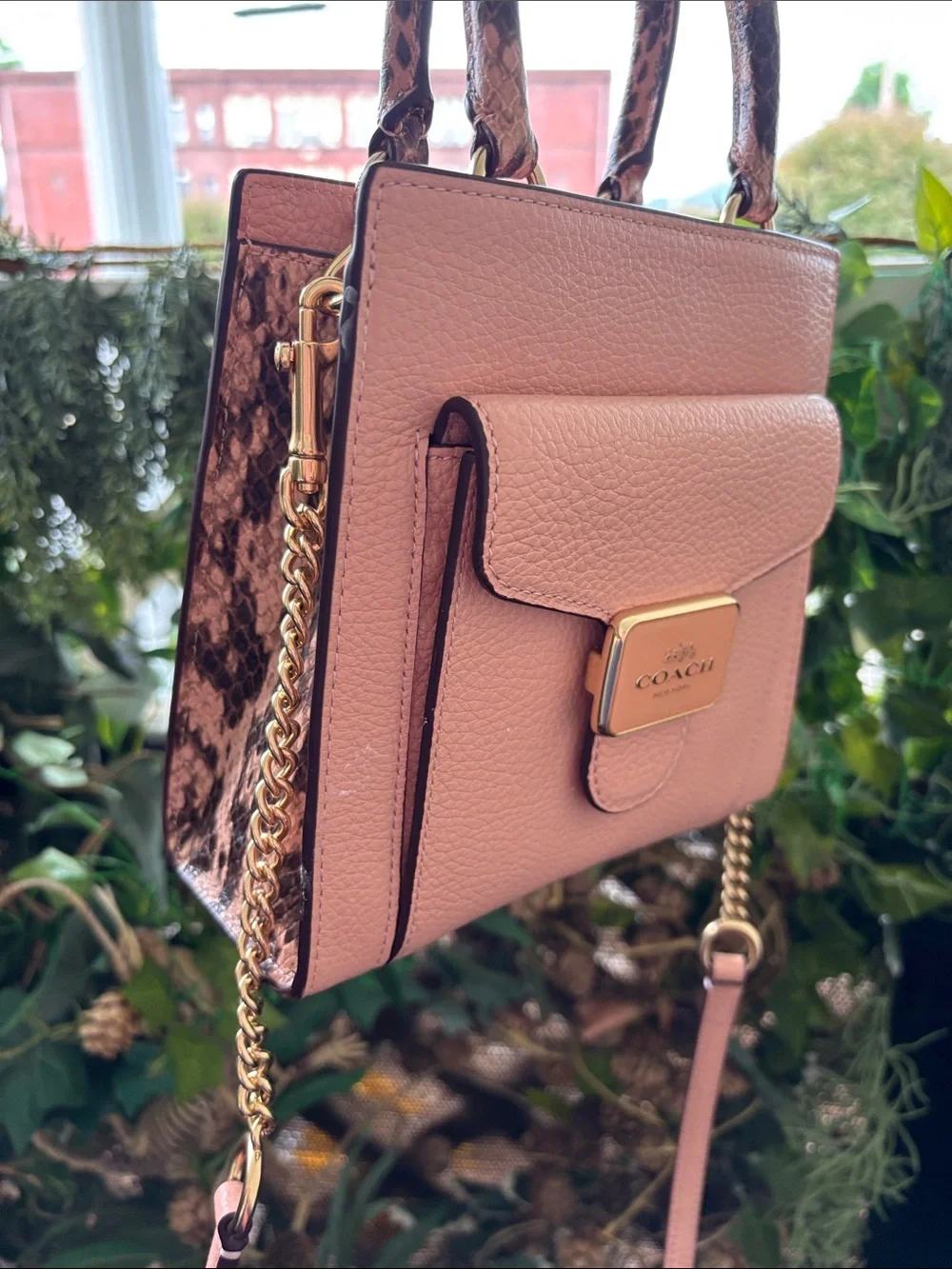 Coach Mini Pepper Crossbody Shell Pink pebbled leather  snakeskin-embossed